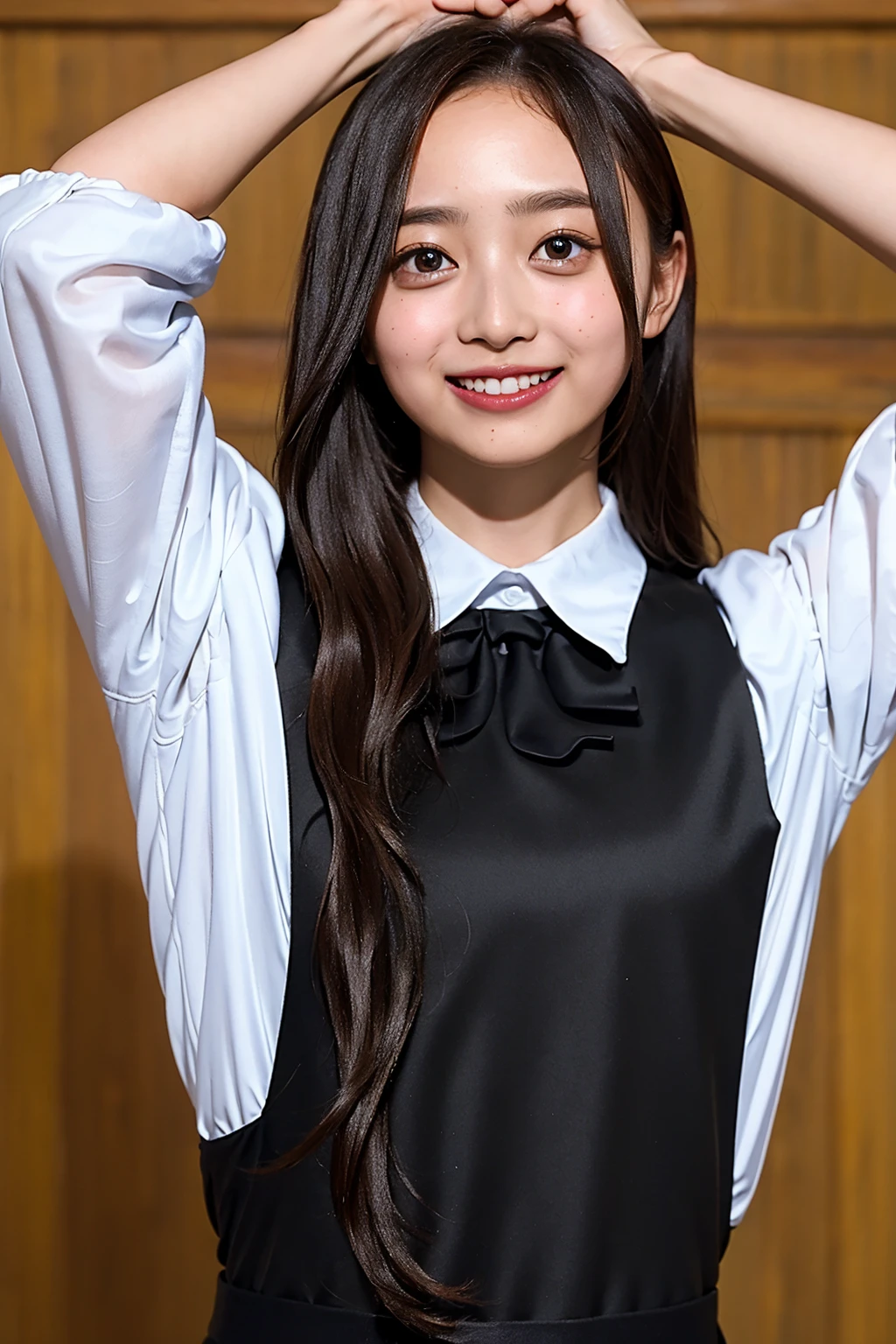 (((upper body shot))),Ultra-high resolution,big eyes,((brown eyes)),Japanese,(forehead),(a girl),(1 girl),((18-year-old)),cute,pretty,((facing at viewer)),arms behind back,grin,(((black uniform)))