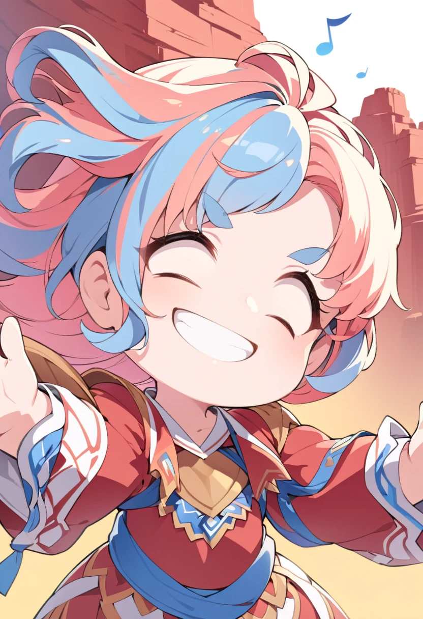 (Red Cliff, Big Head, Half Body, Super deformed), best quality, very good, 16K, Ridiculous, Extremely detailed, 2.5D, Delicate and dynamic depiction, cute boy, Smile, Blue medium-length hair longer than eyebrows, Dancing note effect, Soft and bright colors background, portrait