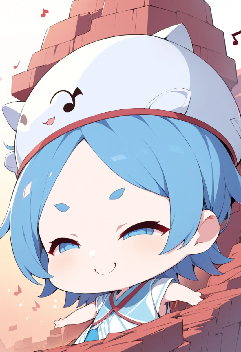 (Red Cliff, Big Head, Half Body, Super deformed), best quality, very good, 16K, Ridiculous, Extremely detailed, 2.5D, Delicate and dynamic depiction, cute boy, Smile, Blue medium-length hair longer than eyebrows, Dancing note effect, Soft and bright colors background, portrait