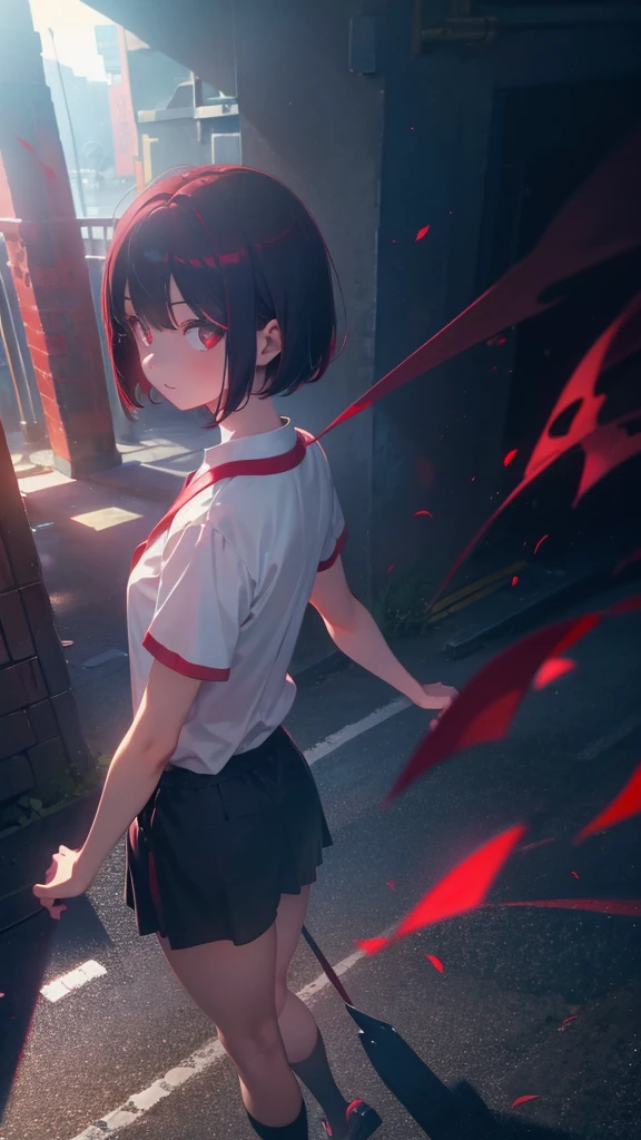 girl with short bob hair,Red eyes ,A shining heaven,Walking in heaven,A distant view