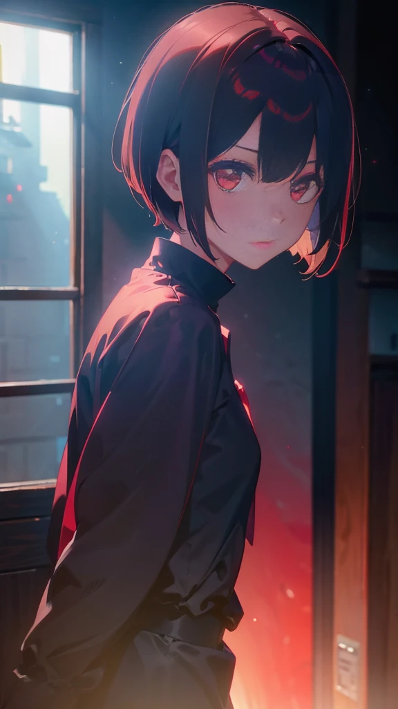 girl with short bob hair,Red eyes ,A shining heaven,Walking in heaven,細い脚