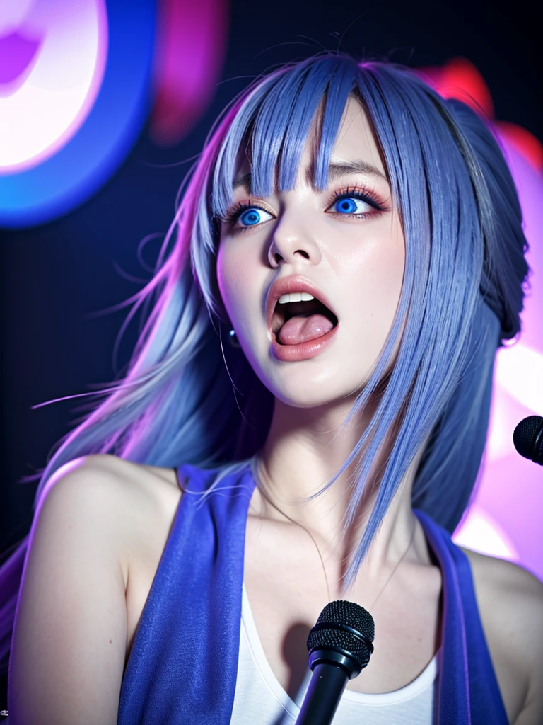 highest quality, Highest quality, masterpiece, Ultra-high resolution, Raw photo, A photo-realistic, 26-year-old woman, ((singing:1.2)), open mouth, blue hair, long hair, (light hoody:0.8),blue eyes, (cleavage:0.65),