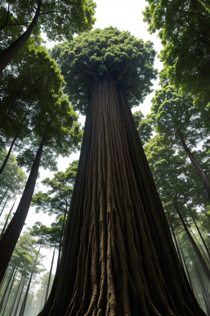Imposing tree amidst so many other trees in a dense, dark forest 