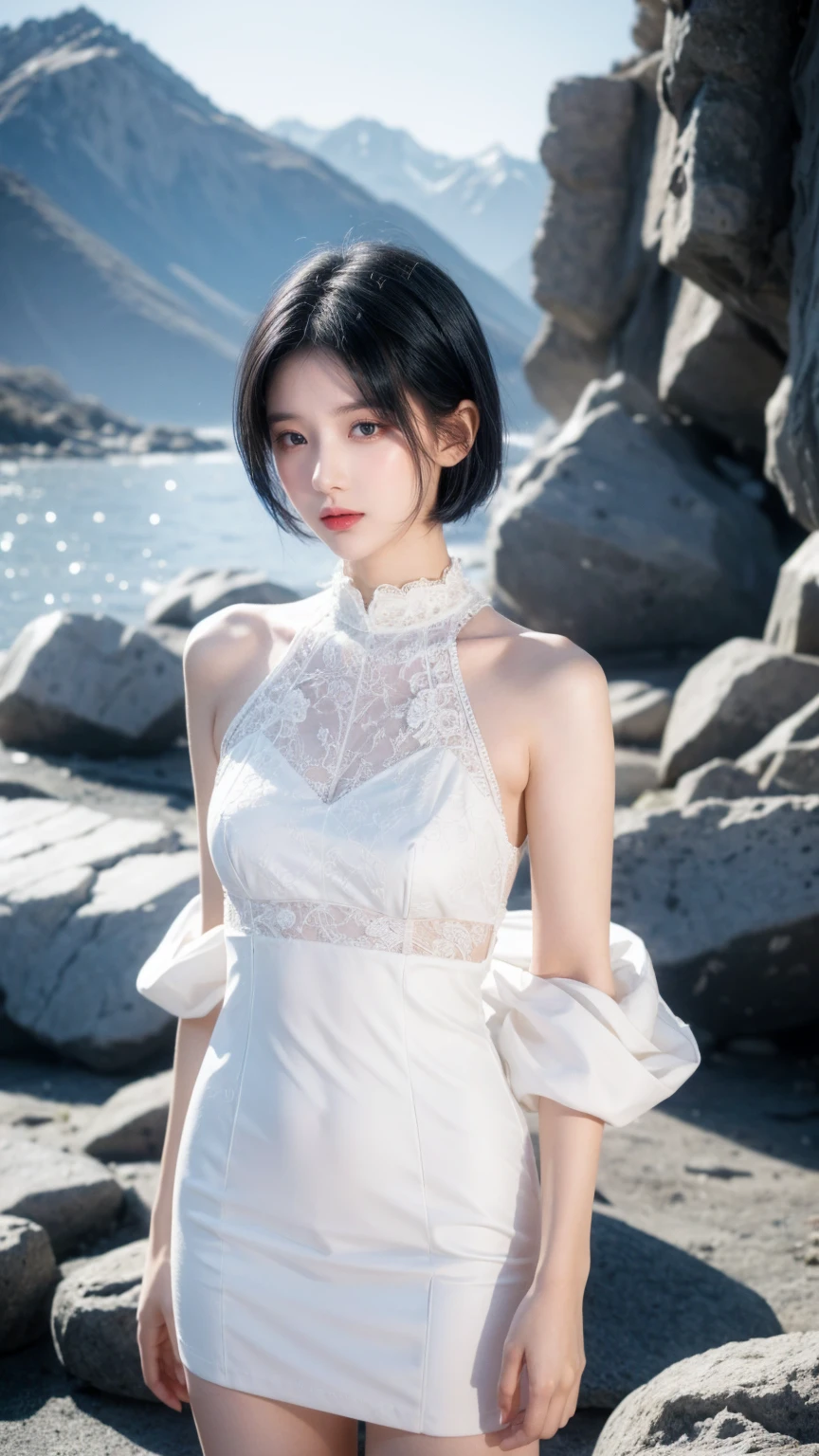 best quality, 1 Girl, dark blue hair, black eyes, Very short hair, Spiky hair, wears sweet white dress luxury，A cropped dress, 171 cm, Messy hair, Hair between the eyes, Tomboy, aldult, 20 years old, A sweet girl by the mountain