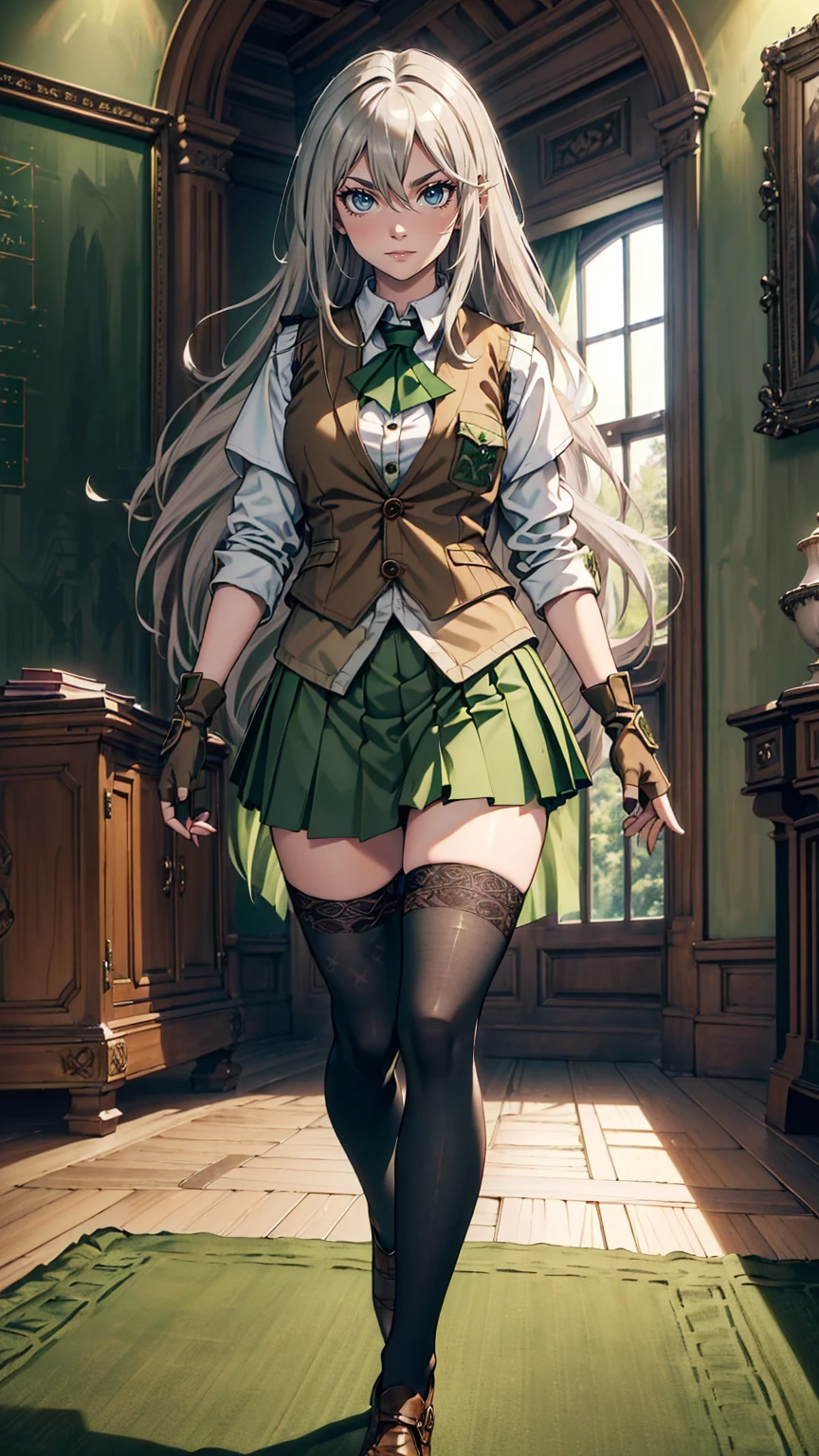 最high quality、Ultra High Definition, Ultra High Quality, Hyper Definition, Hyper Quality, Hyper Detailed, Extremely Detailed, Perfectly Detailed, Best image quality、masterpiece、woman((20-year-old、super dynamic pose , legs bent at the knees, Green solid eyes, Silver long Hair、Disheveled Hair、Long White Hair、thin,Fingerless Glove、Green Skirt, Tights, Smirk、Brown School Vest , Dressed in school)),high quality、Beautiful art、background((Inside the mansion))、Written boundary depth、 movie、Visual Arts、Perfect art、8K,Genuine、
