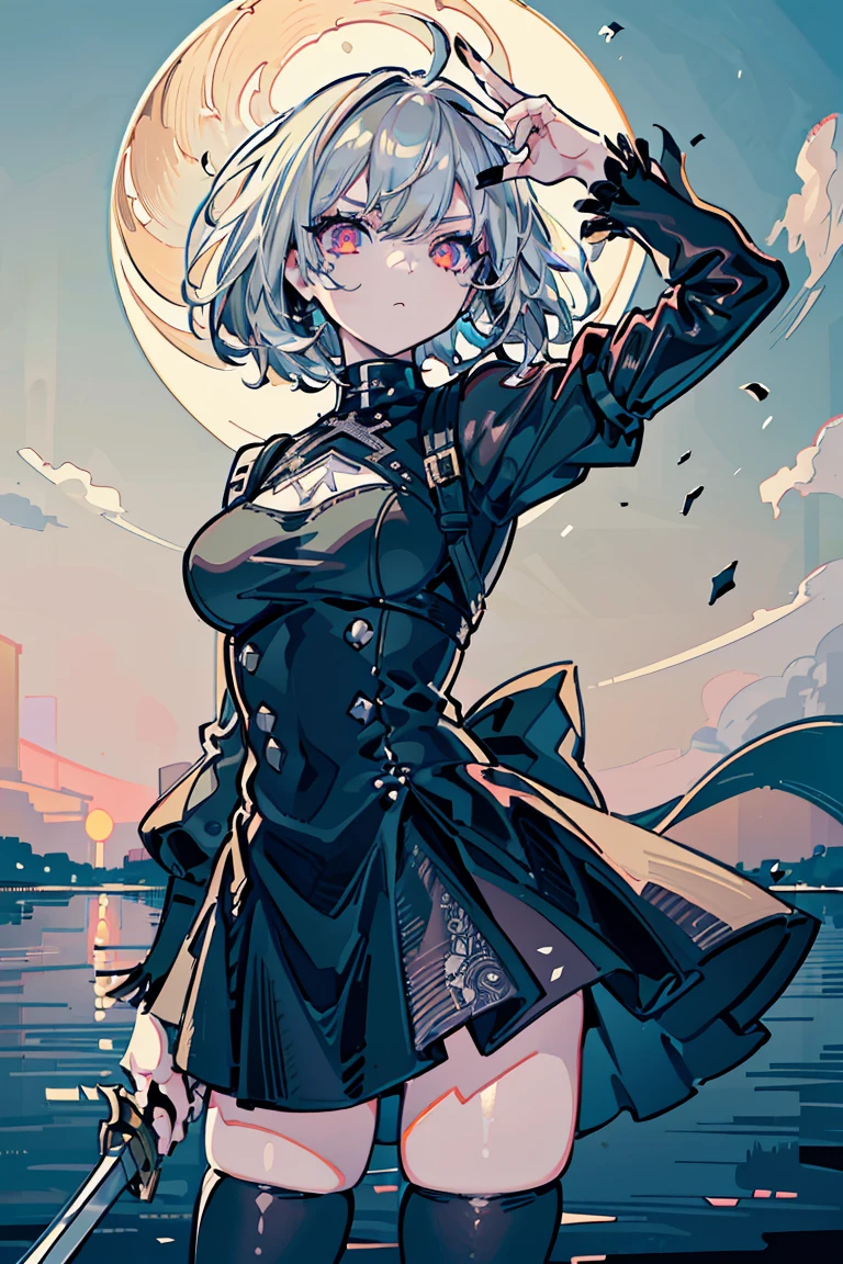 2b, Nier Automata, ((1 Girl)), (Detailed and clear face) ,Cool woman,Rough poses, Warrior,Moonlit Night, Standing on the lake, ,(Holding a long sword)Arondight, Sad expression, new, (Cowboy Shot),((Very detailed,Highest quality, High resolution, 8K壁紙, 美new服,)),((Messy Hair)), Blowing in the Wind, eye shadow, eyeliner,Glowing Eyes, reflected lightの美new目, eye shadow, eyeliner,Glowing Eyes, 16-year-old girl, Romanticism, modern art, Impressionism, reflected light, 8K, masterpiece, Advanced Details, Highest quality, Accurate anatomy, Five Fingers