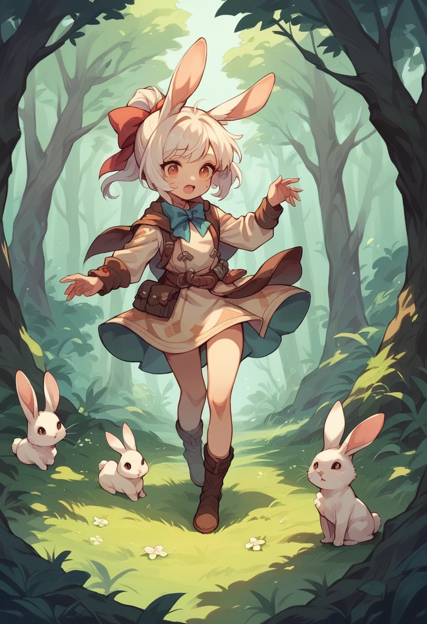 Highest quality　Fantasy　Young female hunter with a bow　Bonfire　 rabbit　The background is a night forest