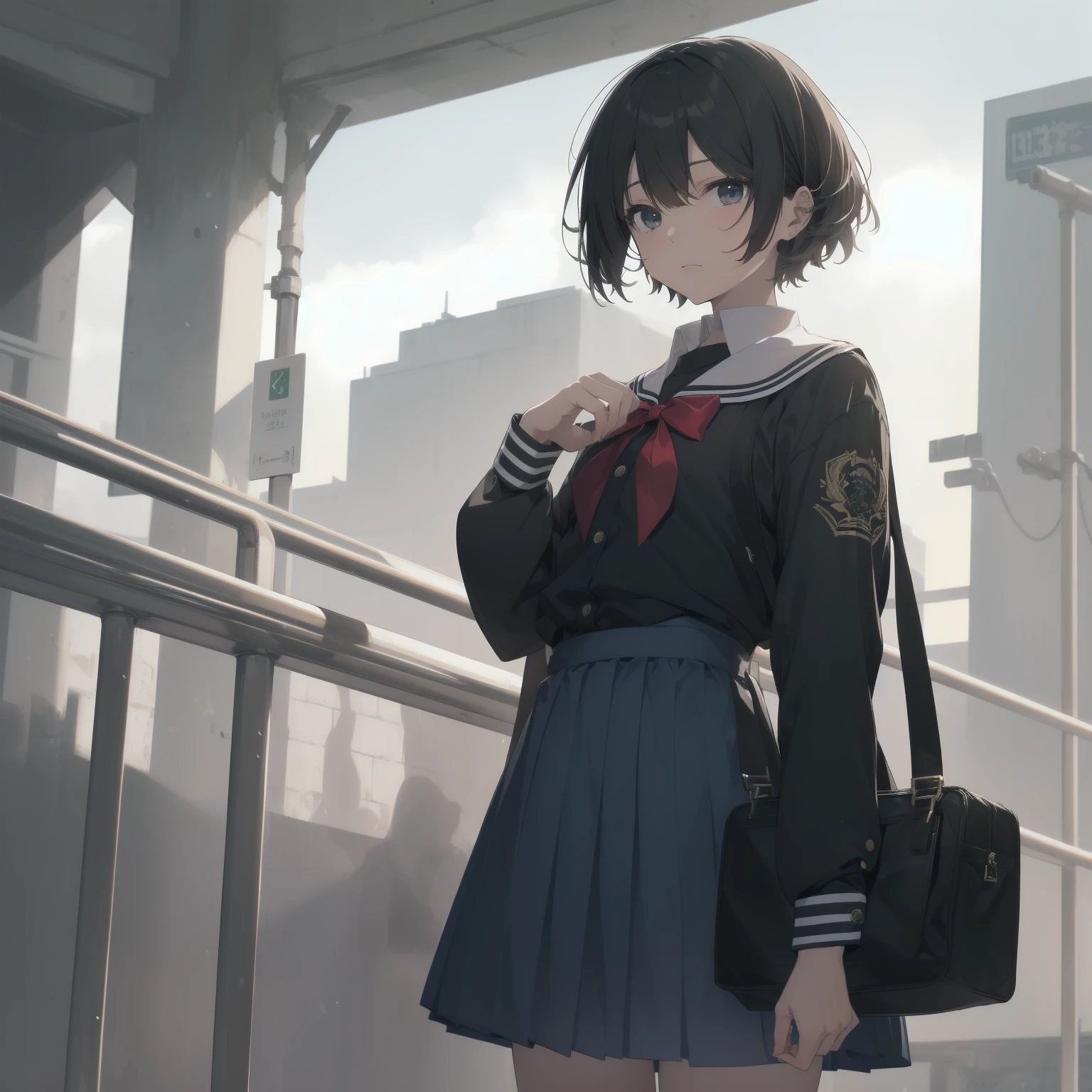 ultra-absurdres-Top quality by artist God, ultra-detailed, high resolution, anime moe artstyle, best anime 8k konachan wallpaper, pixiv contest winner, pool:2810, perfect anatomy,break, 1girl, (Please draw a girl walking sleepily to school alone. )break,(Solo,little female, 13-year-old:1.3),Full limbs, complete fingers,a junior high school student, (very short hair), short cut, flat chest, , small butt, small black eyes, beautiful detailed eyes, well-proportioned iris and pupils, expressive eyes, highres detailed hair, soft expression, salor school_uniform, sailor collar, serahuku, bow, pleated skirt,(Detailed Lighting), (Detailed background), in the School commute route. break,super detailed skin, Best cinematic lighting powered by famous artist, 8k,beauty illustration,photoshop_(medium),very aesthetic,break,((artist:sincos )), artist:clamp ,artist:carnelian ,artist:kantoku ,