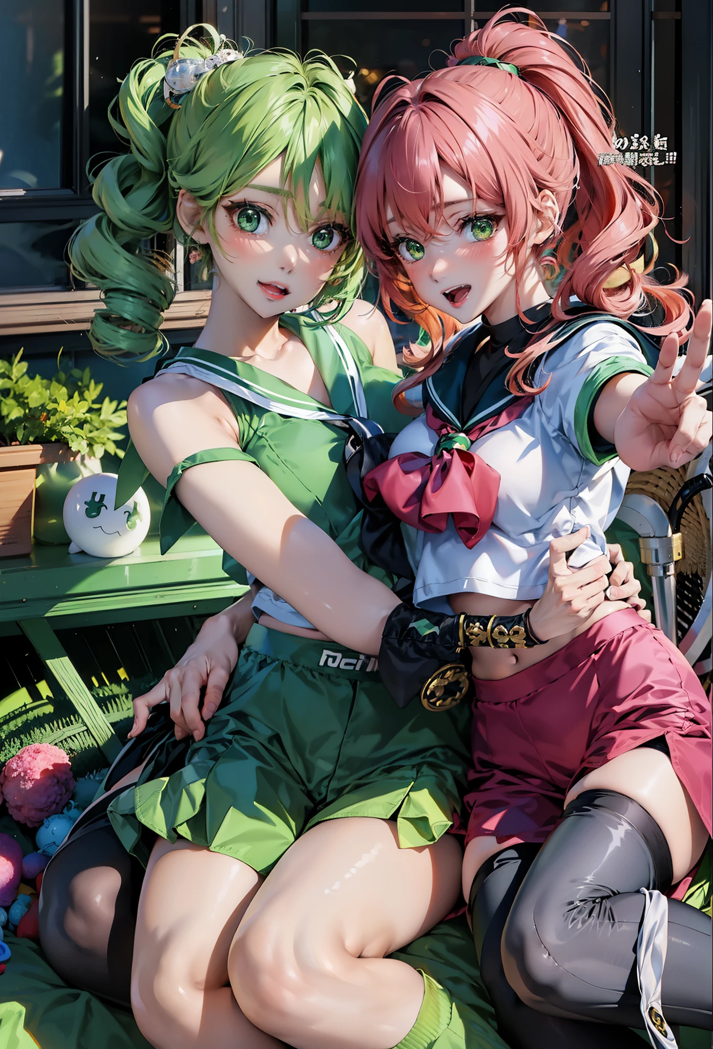 Anime Girlsセーラー戦士。White panties、Beautiful Faces、Beautiful thighs、 with green hair and green stockings posing on a bed, seductive Anime Girls, beautiful Anime Girls squatting, the Anime Girls is crouching, I also make fan art, Beautiful and attractive anime teen, Anime Girlss, Naughty anime style, Highly detailed art gems, Anime Girls, Anime Goddess, Anime Moe Art Style, anime waifu, Lit from behind, Highest quality, One Girl, (Sailor Neptune),Green Hair, (Green Eyes:1.2),((sporty))、((Bike Pants))、Hair length、((Embarrassed expression))、((Bedroom))、((Backward view))、((Butt))、((Thigh-high socks))
