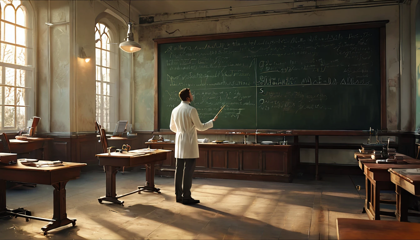 A scientist gives a lecture at a university, writing a formula on the blackboard, the scene is a large classroom. 4k masterpiece, best quality, (Highly detailed CG unity 8k wallpaper), (best quality), (best illustration), (best shadows), incredibly realistic lighting, (depth), beautiful glow, art by Peter Mohrbacher.