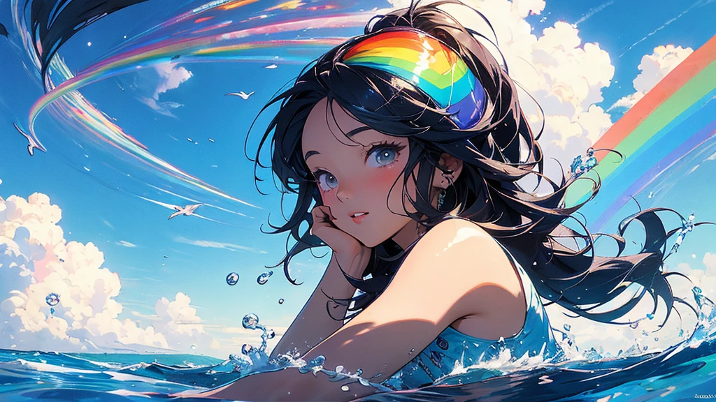 masterpiece, Highest quality, Rainbow Style, anime, Beautiful Asian Girl, Along the Hawaiian Coast, Cute and dreamy,anime,Illustrator,Lo-fi Girl, Blues,