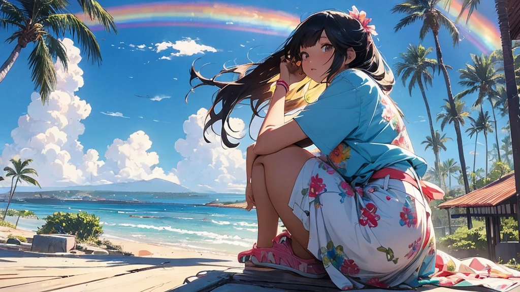 masterpiece, Highest quality, Rainbow Style, anime, Beautiful Asian Girl,  Along the Hawaiian Coast, Cute and dreamy,anime,Illustrator,Lo-fi Girl, Blues,