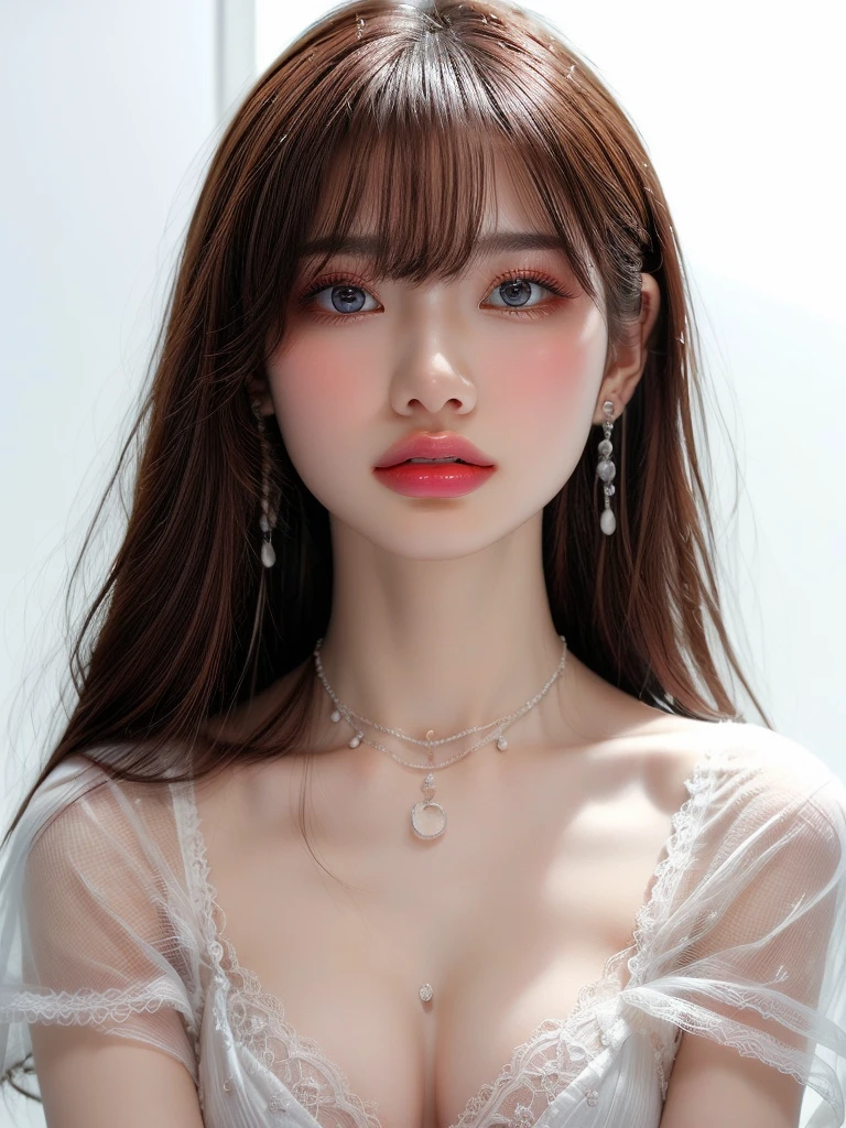 White Background、Professional Lighting、(((Professional Lighting 1.5)))、Translucent skin texture、Beautiful Skin、Beautiful Skin、、(((Whitening 1.5)))、White Bra、See-through、、Ecstasy of Musical Notes、(())、Face close-up、Simple earrings and necklace、