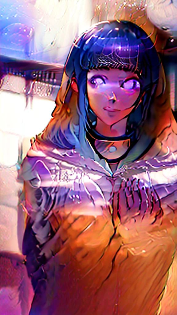 beautiful, masterpiece, best quality, extremely detailed face, perfect lighting, 1girl, hinata, hyuuga hinata, bangs, empty_eyes, black_hair, blunt_bangs, grey eyes, grey sleeves, headband_around_neck, highres, hime cut, hooded_cardigan, long sleeves, looking_at_viewer, petals, smile, solo, straight hair, upper body, hooded jacket, perfect body,  size 115.