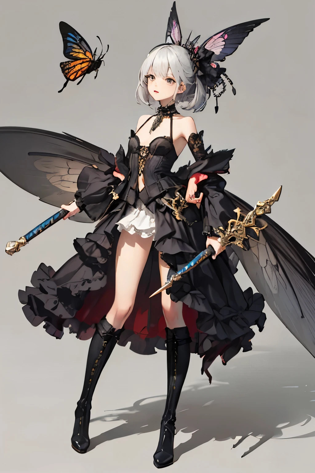 ((best quality)), ((masterpiece)), (detailed), 1girl, NSFW, long white grey hair, grey white eyes, very skinny, detailed, best quality, prominent collarbones, skinny arms, flat stomach, visible hip bones, small breasts, full body, red and white clothing, occult aesthetic, occult, detailed and intricate steampunk and detailed gothic, NSFW, Fluttering lace flared long knee length dress with frilly petticoats, knee length dress, pleated petticoats, petticoats gothic, complex lace boots, gothic aesthetic, wielding a mighty sword with mechanical components, mandalas, small breasts, a fairy, various different types of insect wings, bug wings, beetle wings, NSFW, full body, whole body, body, chains,