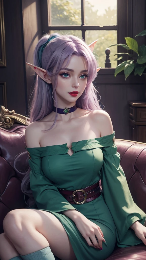 Irish woman, anime, cute, beautiful, high quality, night, 8k, long waist length light pale purple hair, green eyes, red lips, eyelashes, (blue) blouse, blue jeans high neckline, off the shoulder sleeves, crying, large fairy wings, elf ears, sitting on a couch crying