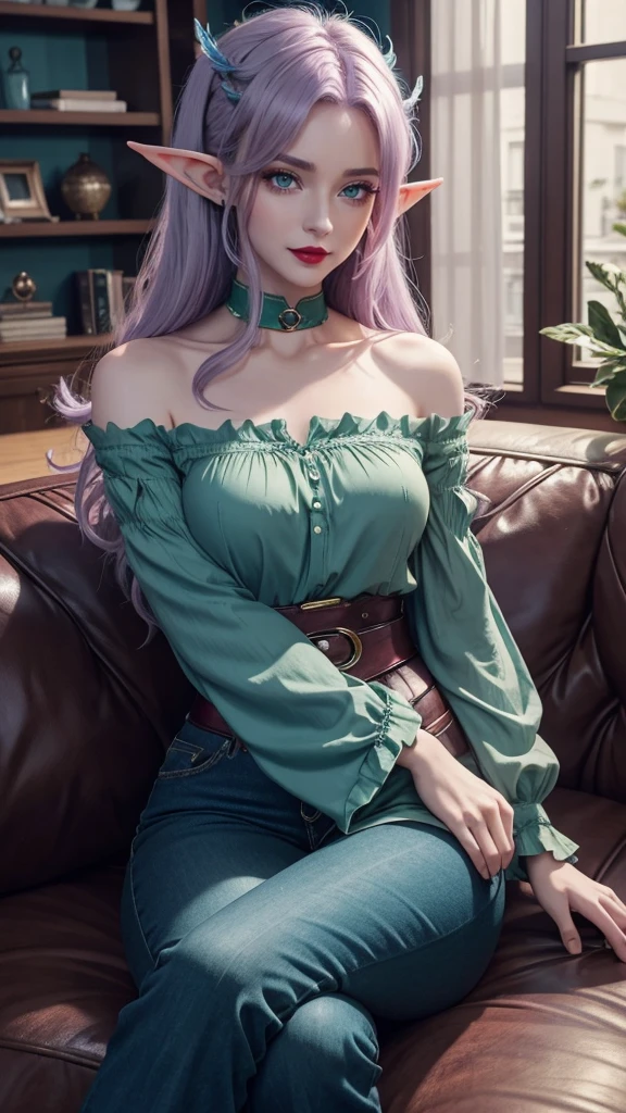 Irish  woman, anime, cute, beautiful, high quality, night, 8k, long waist length light pale purple hair, green eyes, red lips, eyelashes, (blue) blouse, blue jeans high neckline, off the shoulder sleeves, crying, large fairy wings, elf ears, sitting on a couch crying