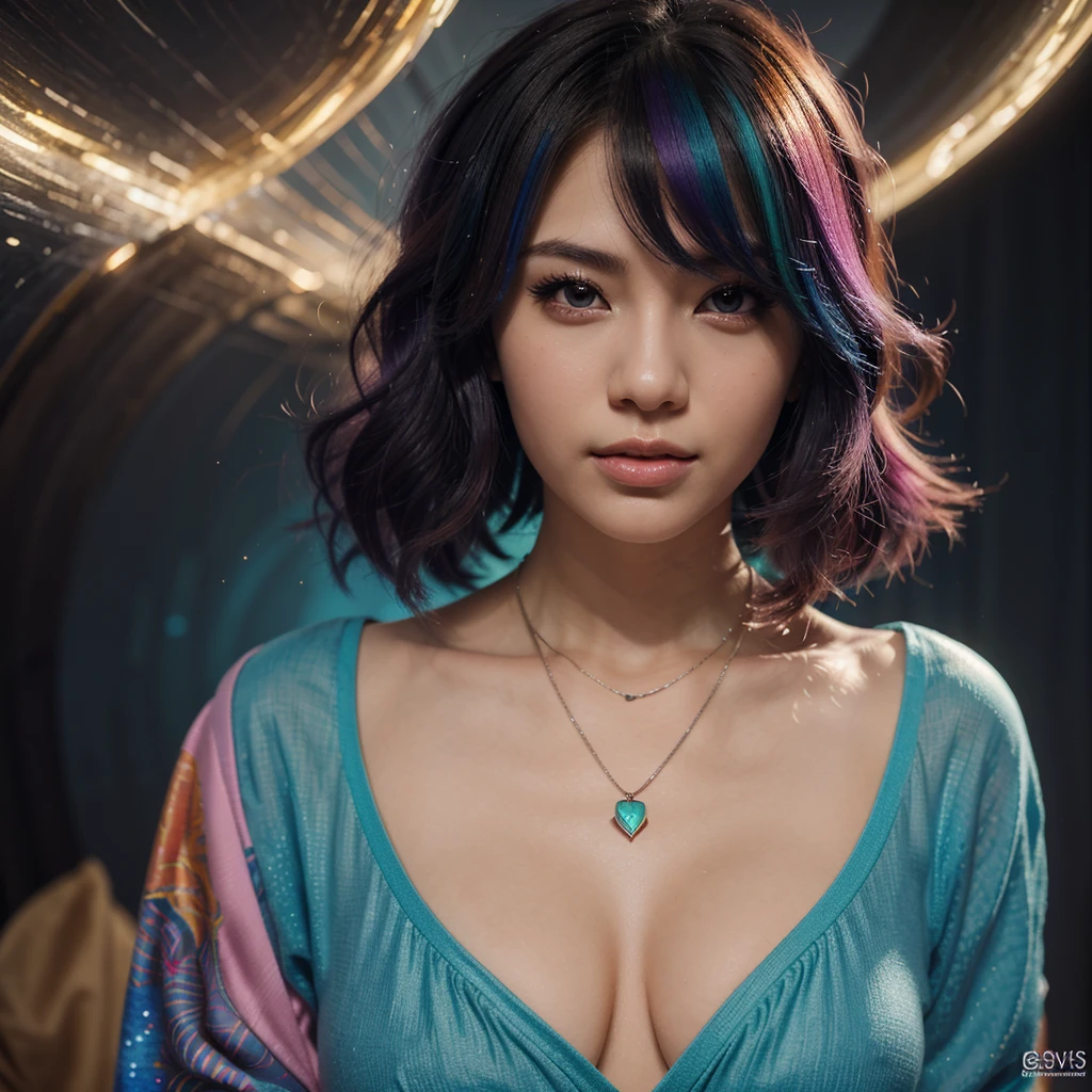 Close-up of a woman with colorful hair and necklace, anime girl with cosmic hair, Rossdraws' soft vitality, Guvez style artwork, fantasy art style, colorful], vibrant fantasy style, Rossdraws cartoon full of vitality, cosmic and colorful, Guweiz, colorful digital fantasy art, stunning art style, beautiful anime style, full body lighting, skin brightening, sexy expression