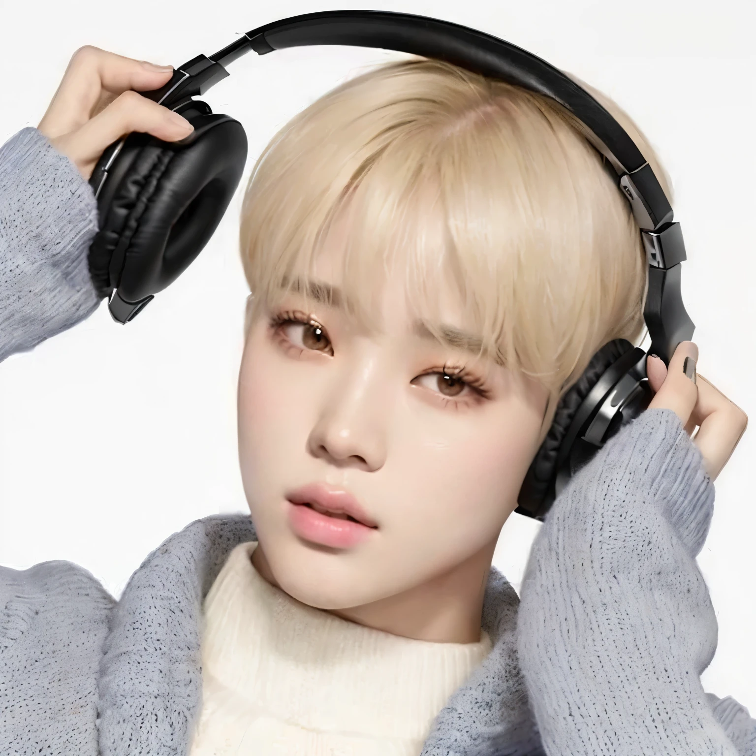 A closeup of a person wearing headphones and a sweater;, Jimin, accurate Jimin face, park Jimin, Jimin\the full lips, Kim Doyoung, Jimin\the right eyelid is swollen, with headphones from ear, hyung tae, he has headphones, Jimin\the Greek nose, with headphones from ear, Jungkook, inspired by Kun Can, Retrato de Jossi do Blackpink