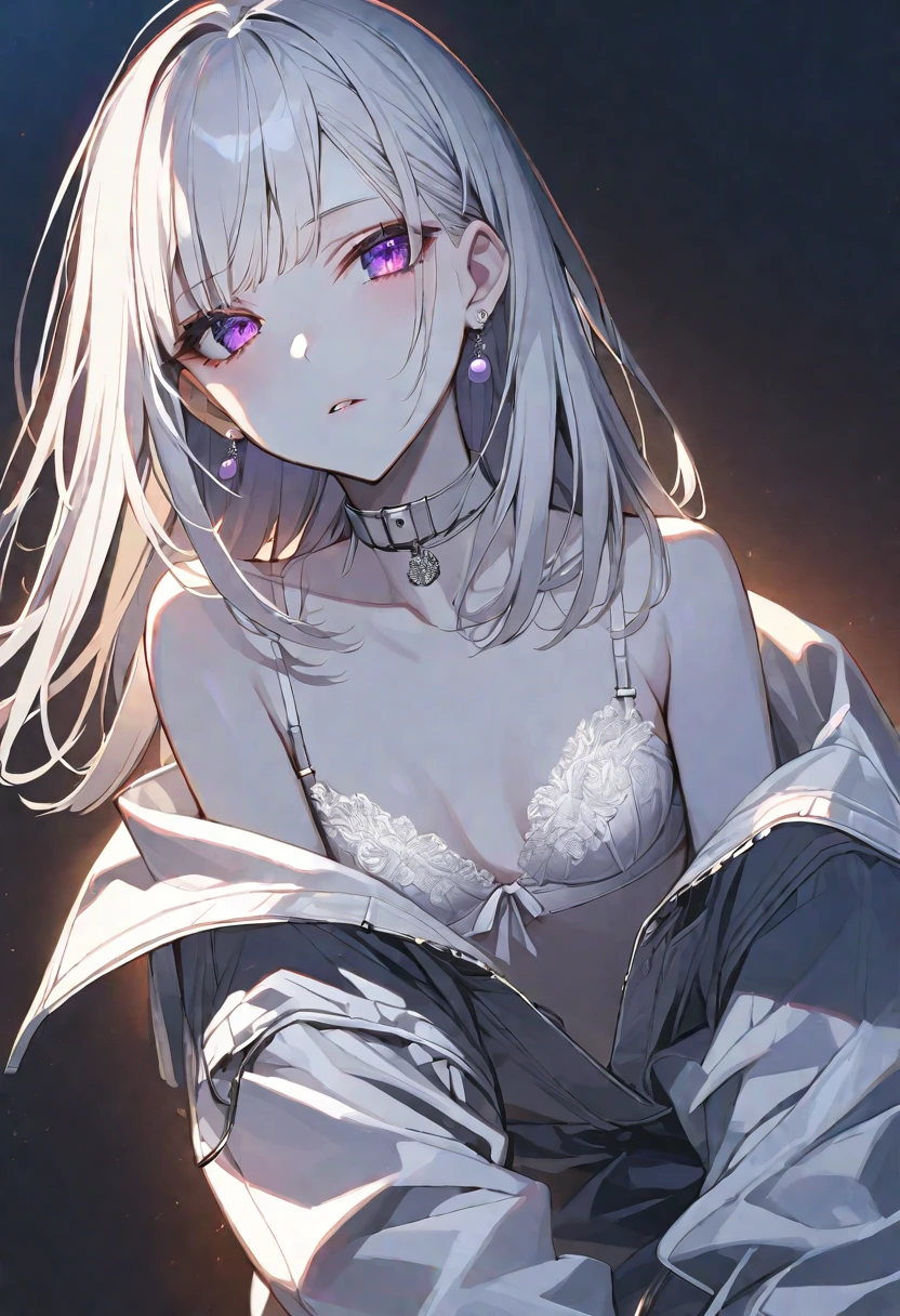 solo, handsome,
1. Female,
Hime cut,Straight Hair,Bob Hair,
White hair,
Nakano Yotsuba,
purple Eyes,Soft look,beautiful,beautiful,Sexy,Darkness,Lots of silver earrings,choker,
White Off Shoulder,White Distressed jeans,Bra,
White skin,
black background,