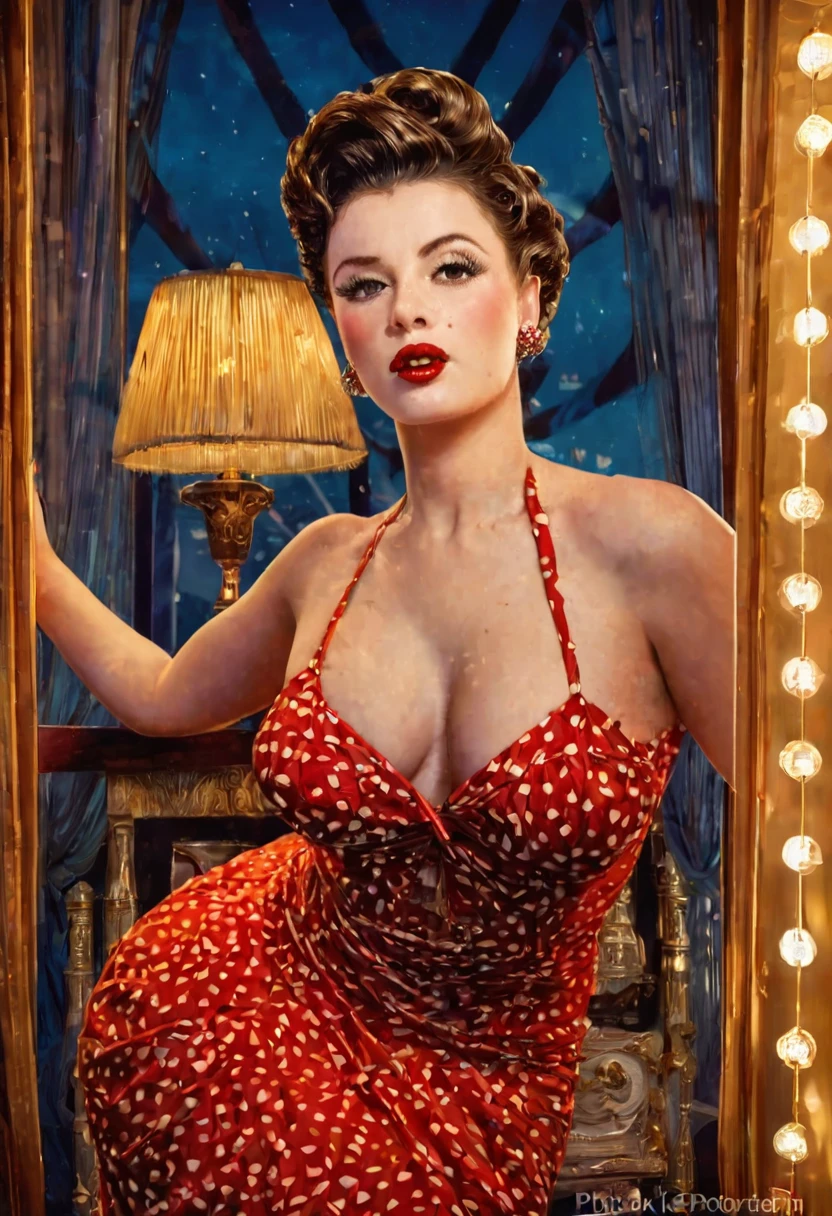 a beautiful detailed pin-up girl, extremely detailed eyes and face, long eyelashes, perfect skin, gorgeous lips, curvy figure, elegant pose, intricate detailed dress, vintage retro style, dramatic lighting, vibrant colors, (best quality,4k,8k,highres,masterpiece:1.2),ultra-detailed,(realistic,photorealistic,photo-realistic:1.37)