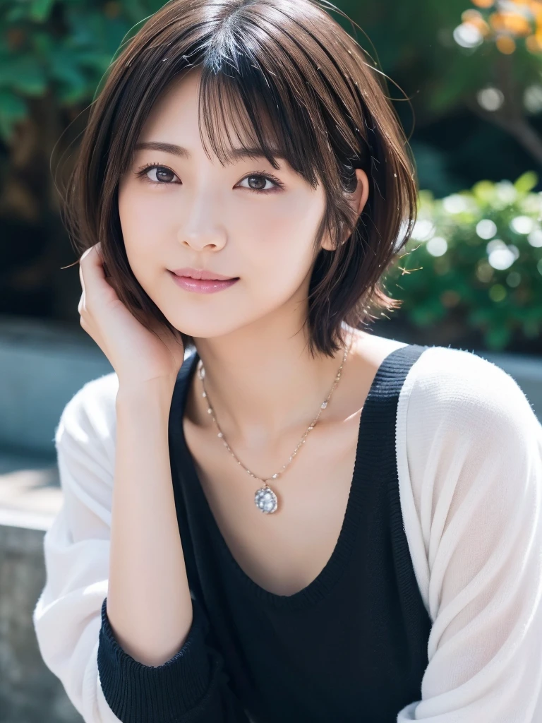 (Highest quality、8K、32k、masterpiece)、cute日本人女性、Big ample breasts、Very short bob hair、Upper body、Face Focus、Extra Large_sweater、necklace、Simple Background、(8K、Raw photo、Highest quality、masterpiece:1.2)、(Realistic、Photorealistic:1.37)、One woman、Age 25、cute、Professional Lighting、Photon Mapping、Physically Based Rendering、Gradient brunette hair、Short Curly Hair、Girlish、Excellent image quality、High resolution、1080P、(Clear Face)、(Detailed face description)、(Detailed hand description)、(Masseter muscle area)、(Exquisite CGI)、My hair is messy、masterpiece、Rich details、(Graceful features)、(Best image quality)、(masterpiece)、(Detailed eyes)、looking at the camera、smile、Delicate clavicle、Various poses、Black Wall、Autumn Clothes、Winter clothes、simple necklace、T-Shirts