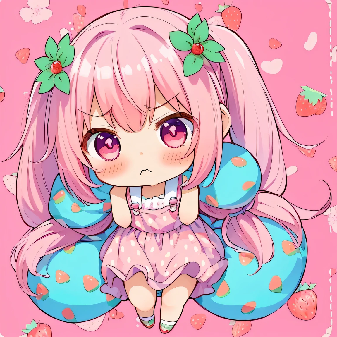 ((masterpiece)), ((best quality)), (ultra-detailed), ((kawaii)), cute, (lovely), illustration, anime style, full body, (chibi:1.6), A soft and gentle anime illustration, It features a with fluffy, permed twin-tails dyed pink, (large strawberry hair ties:1.1), She has pink eyes and a cute, Her overall appearance is adorable and exudes a sense of self-assurance, (pouty face:1.2), (frown:1.3), pastel pink outfit, ((strawberry print)).