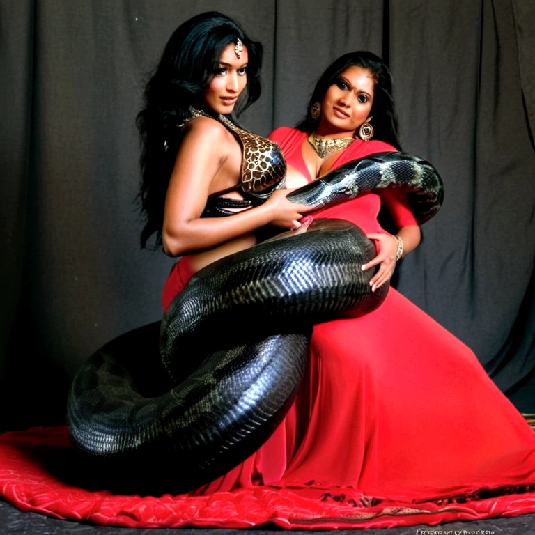  Pregnant Happy Horny, aroused 1girl), beautiful kneeling Indian  belly dancer  with  giant colossal black titanboa squeezing her hard, wrapped in thick spiraling coils, constricted, struggle, gasping for air, snake attack, snake peril, moonless night, dim light