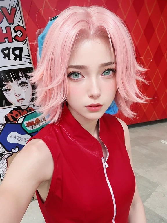 young woman, short shoulder-length pink hair, wide forehead, porcelain skin, pink eyebrows, big emerald green eyes, buttoned nose, full lips, heart-shaped face, slender body, small breasts, red tank top, Sakura Haruno , realistic, realism, details, 3d, well detailed