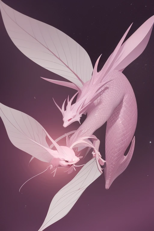 a large pink flying axolotl dragon looking directly at the viewer pale purple background