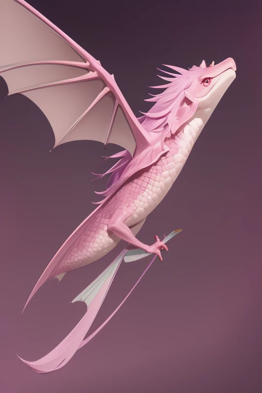 a large pink flying axolotl dragon looking directly at the viewer pale purple background