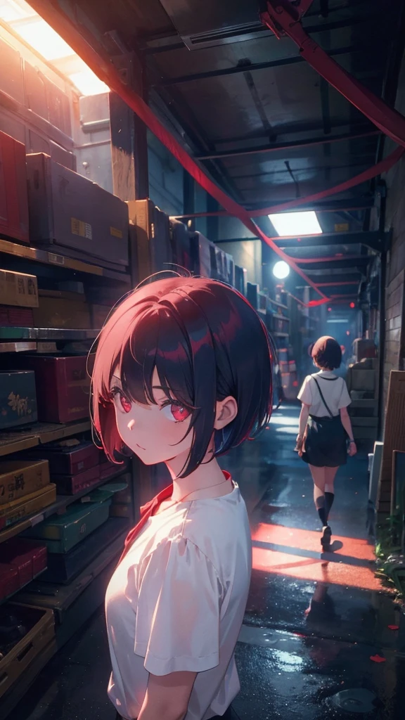 girl with short bob hair,Red eyes ,A shining heaven,Walking in heaven,A distant view