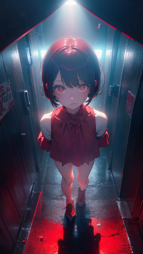 girl with short bob hair,Red eyes ,A shining heaven,Walking in heaven,A distant view