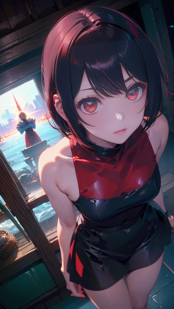 girl with short bob hair,Red eyes ,A shining heaven,Walking in heaven,A distant view