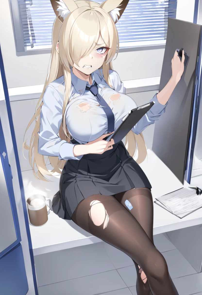 blue archive, kanna (blue archive), 1girl, animal ears, bandaid, black skirt, blonde hair, blue eyes, breasts, clenched teeth, clipboard, coffee mug, collared shirt, crossed legs, cup, hair between eyes, hair over one eye, holding, holding clipboard, indoors, large breasts, long sleeves, looking at viewer, mirror, mug, necktie, pantyhose, parted lips, pen, reflection, shirt, sitting, skirt, solo, table, teeth, torn clothes, torn pantyhose, (worried:1.5),