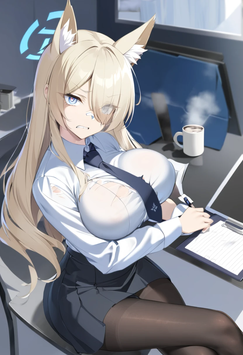 blue archive, kanna (blue archive), 1girl, animal ears, bandaid, black skirt, blonde hair, blue eyes, breasts, clenched teeth, clipboard, coffee mug, collared shirt, crossed legs, cup, hair between eyes, hair over one eye, holding, holding clipboard, indoors, large breasts, long sleeves, looking at viewer, mirror, mug, necktie, pantyhose, parted lips, pen, reflection, shirt, sitting, skirt, solo, table, teeth, torn clothes, torn pantyhose, (worried:1.5), 