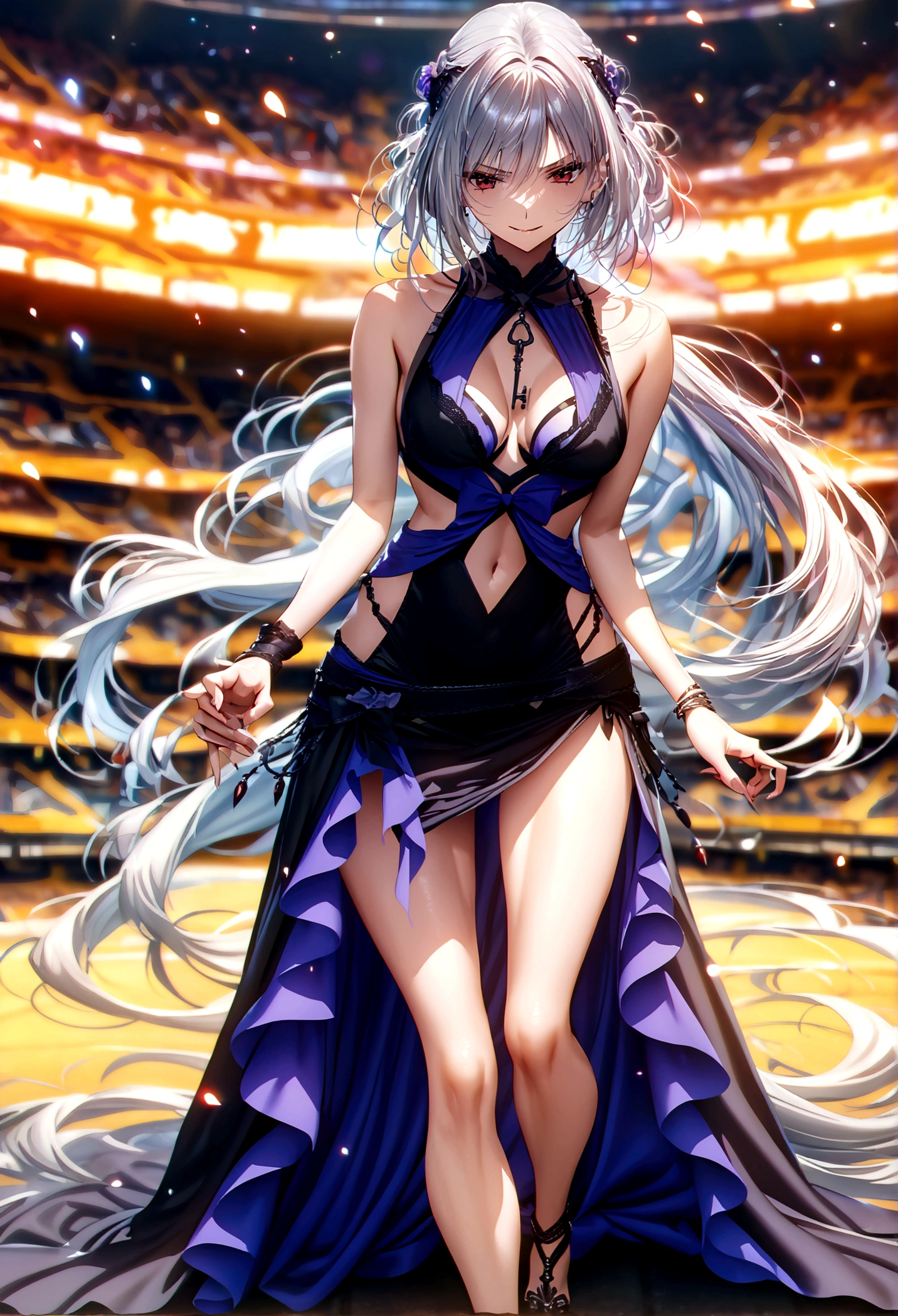 finest masterpiece, Super detailed, Highest quality, Sharp focus, 12k, ultra hi resolution picture, 1girl, tifa lockhart \\(refined dress\\), final fantasyfull body,dark aura,evil smile, masterpiece, best quality, very aesthetic, absurdres, anime artwork, anime style, key visual, vibrant, Studio Anime, highly detailed,1girl,(Silver Hair:1.4),Very long hair,(Arena:1.4)