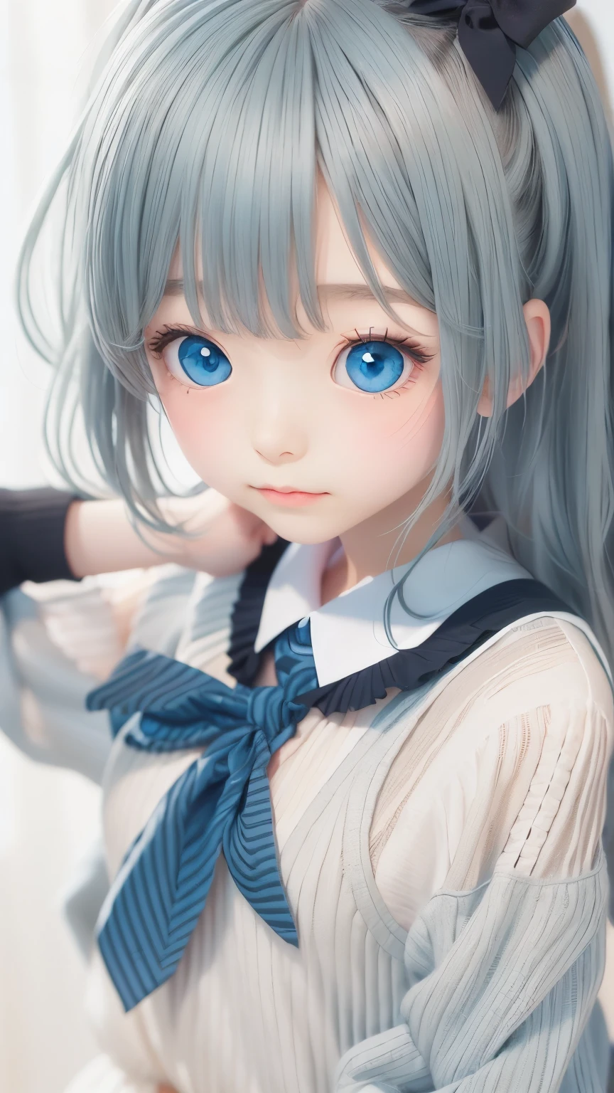Innocence, Dark green hair, Twin tails, Put your arms behind your back, White Dress, Black waist tie, girl,blue eyes,