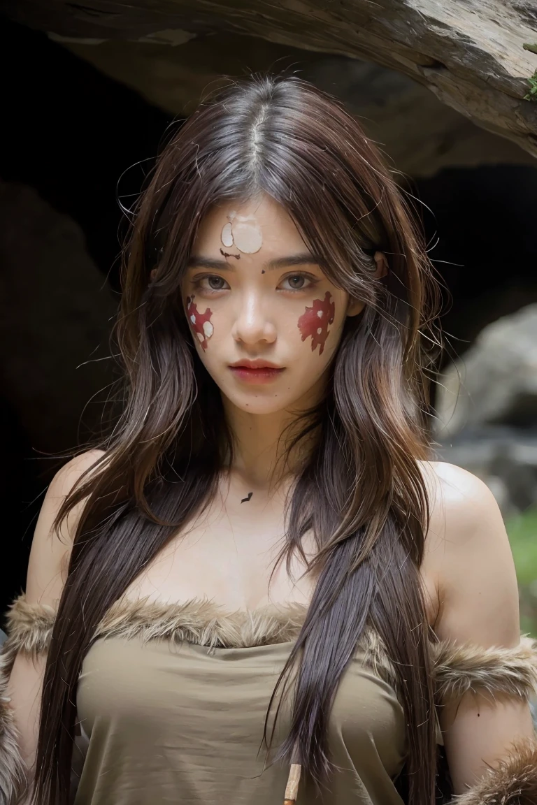 (masterpiece), best quality, expressive eyes, perfect face, female cavewoman, messy hair, thin, upper body,  dark hair, ((ancient setting)), cave, tree, handaxe, animal fur over his shoulders, face painted with some marks