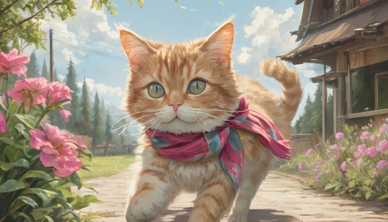 By Alaina Remar、A painting of a cat wearing a small silk scarf. The cat is walking and looks happy. It's a summer morning and the weather is sunny. In the background there is a field with beautiful flowers.. Cat-focused movies, Dynamic pose, Dynamic Background, Dynamic configuration, Dynamic Lighting, Realistic proportions, High resolution, Ray Tracing,  Very detailed, Super detailed, Intricate details,  Very detailed雰囲気, Very detailedテクスチャ.