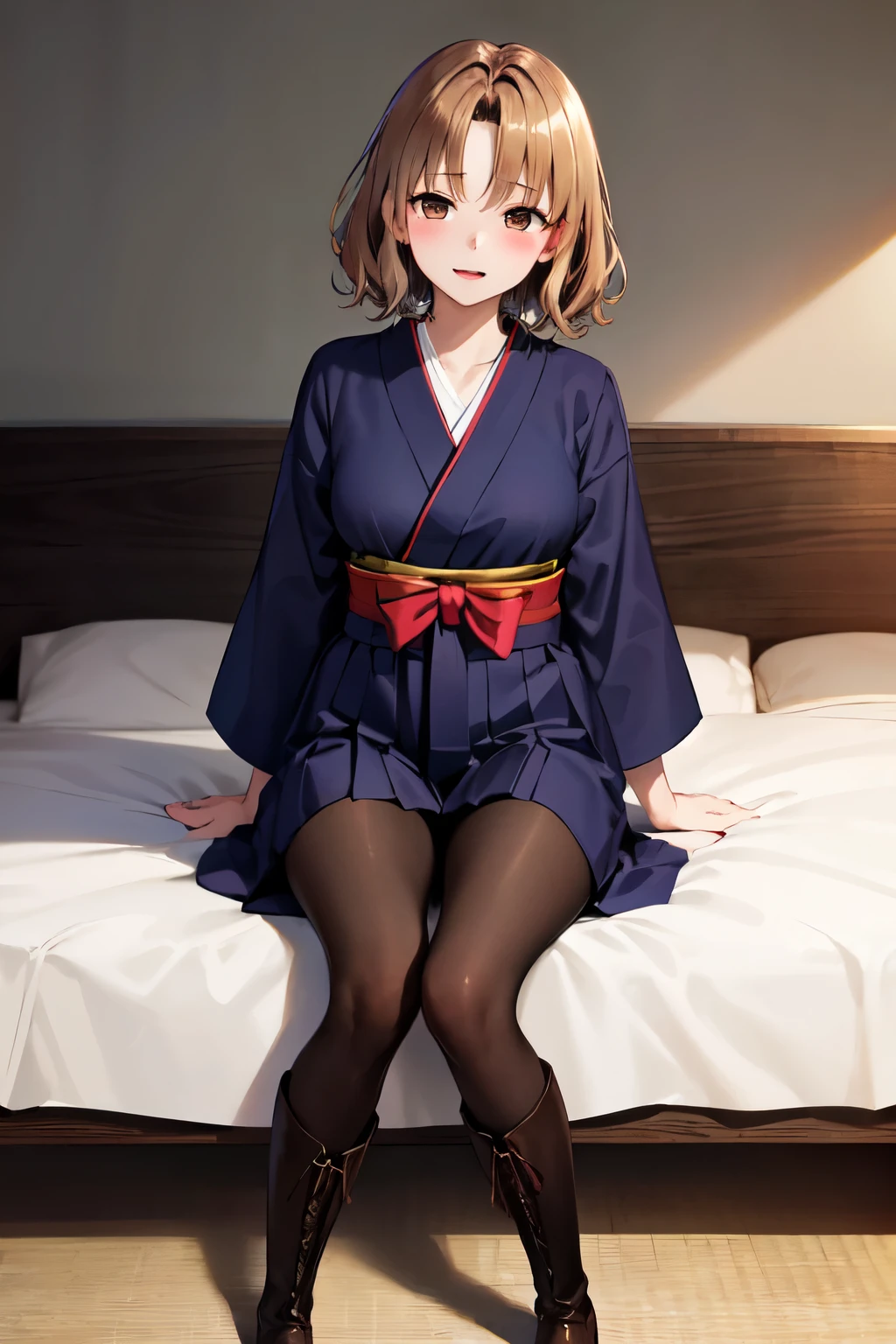 masterpiece, Highest quality, High resolution, One girl, alone, short hair, Brown Hair, Brown eyes, chest, Bedroom、((Graduation Hakama))、((pantyhose))、(boots)、