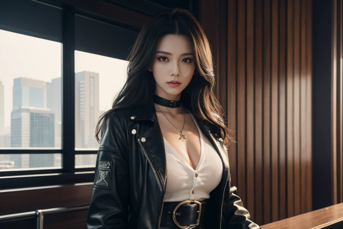 Cyberpunk 2077, (Best quality, High resolution, Masterpiece :1.3), A tall and pretty woman, Slender abs, Dark brown hair styled in loose waves, Breasts, Wearing pendant, White button up shirt, Belt, Black skirt, (Modern architecture in background), Details exquisitely rendered in the face and skin texture, Detailed eyes, Double eyelid
