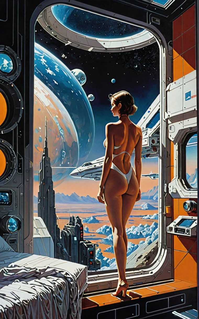 (by William Blake,by Thomas Cole,by jean giraud,por Syd Mead:0.4),award-winning masterpieces,broad_shooting,of_below:1.5,absurd mysterious painting style,A girl looking of the large window of a space station above the atmosphere, nude, skin, Dystopian retro cyberpunk surrealism cinematic frames from a minimalist cinema masterpiece,in the style of opal rendering,grainy black and white noir,dream images,highly detailed ziprealism:0.9ZIP2D ROMPER