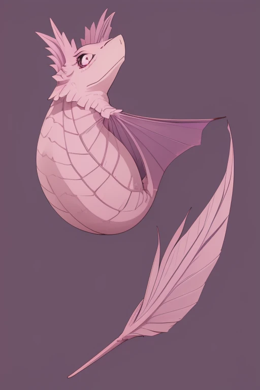 a large pink flying axolotl dragon looking directly at the viewer pale purple background