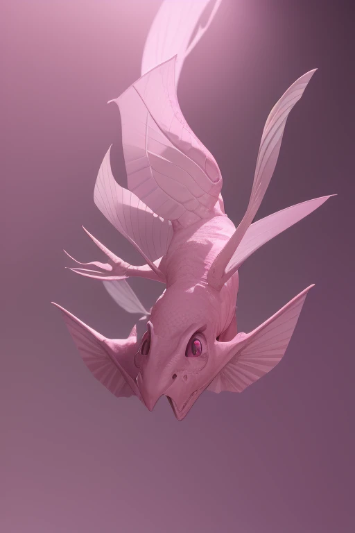 a large pink flying axolotl dragon looking directly at the viewer pale purple background