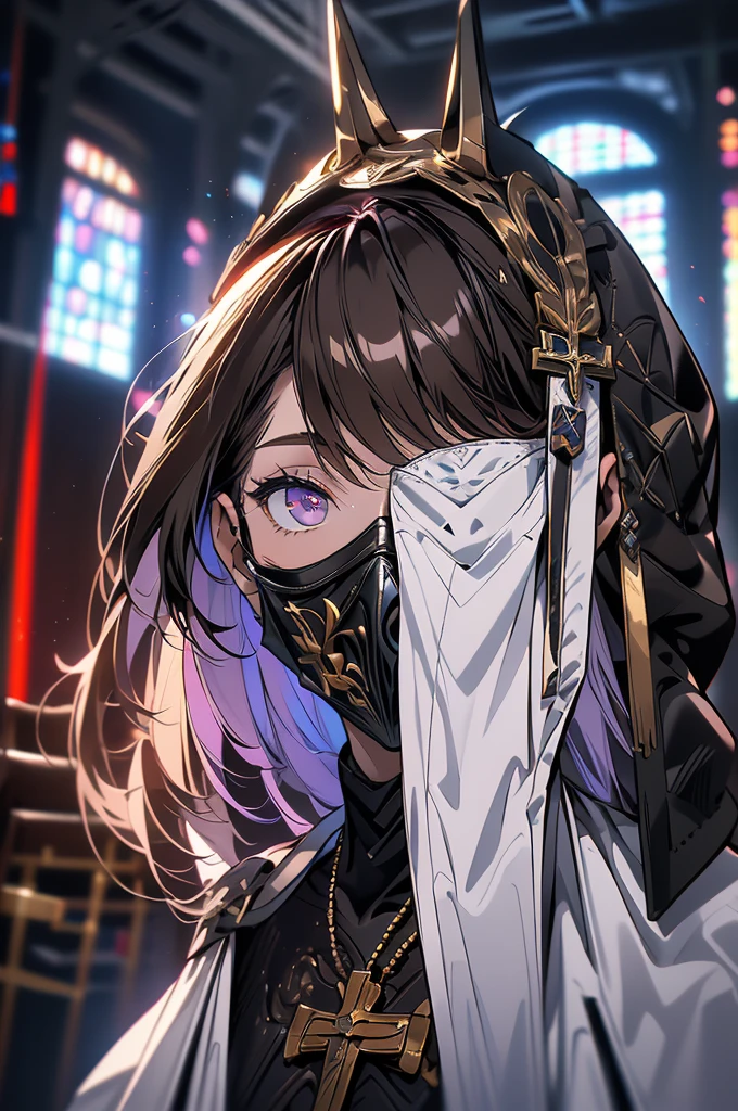 a tall, muscular man, 2.02 meters tall, 26 years old, pale skin, medium brown hair that is parted in the middle and falling above the ear, violet eyes (Wears a leather mask covering his entire face, Doberman mask, muzzle , priest's outfit) In a medieval church, magic, cross sword, mask covering the head,