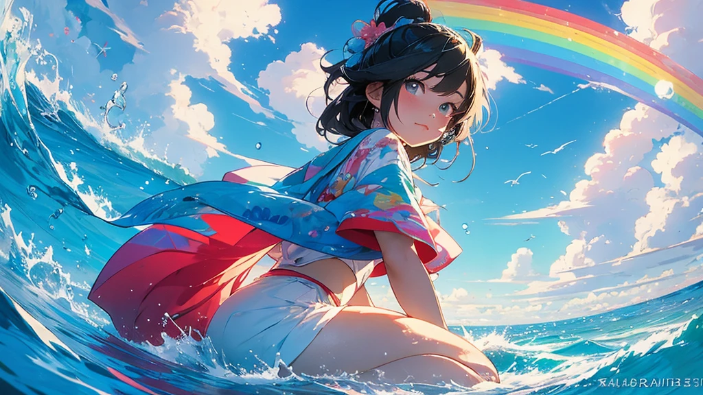 masterpiece, Highest quality, Rainbow Style, anime, Beautiful Asian Girl, Along the Hawaiian Coast, Cute and dreamy,anime,Illustrator,Lo-fi Girl, Blues,