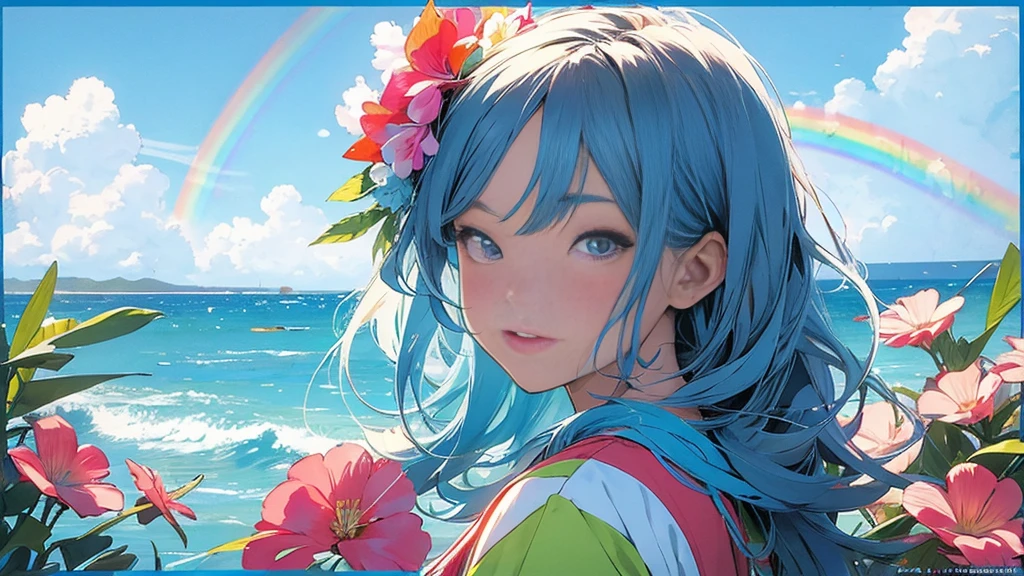 masterpiece, Highest quality, Rainbow Style, anime, Beautiful Asian Girl, Along the Hawaiian Coast, Cute and dreamy,anime,Illustrator,Lo-fi Girl, Blues,