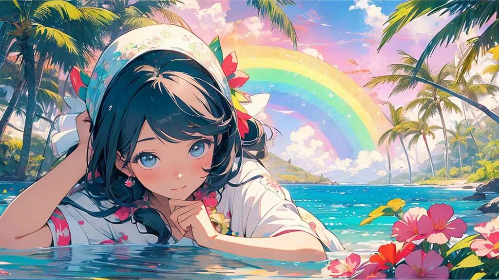 masterpiece, Highest quality, Rainbow Style, anime, Beautiful Asian Girl, Along the Hawaiian Coast, Cute and dreamy,anime,Illustrator,Lo-fi Girl, Blues,