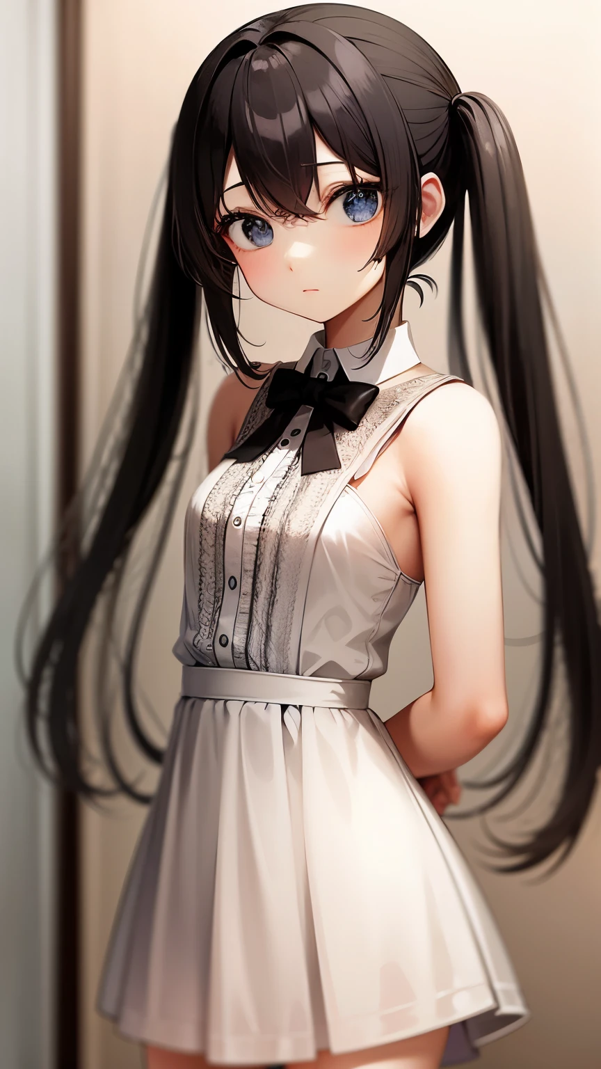 Innocence, Dark green hair, Twin tails, Put your arms behind your back, White Dress, Black waist tie, girl,blue eyes,